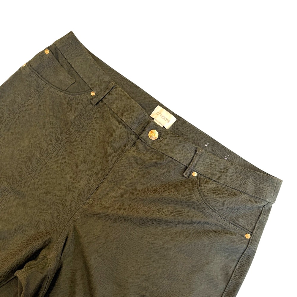 Chico's 2.5 Olive Green Sueded Snake Print/Textured Leggings Size 14